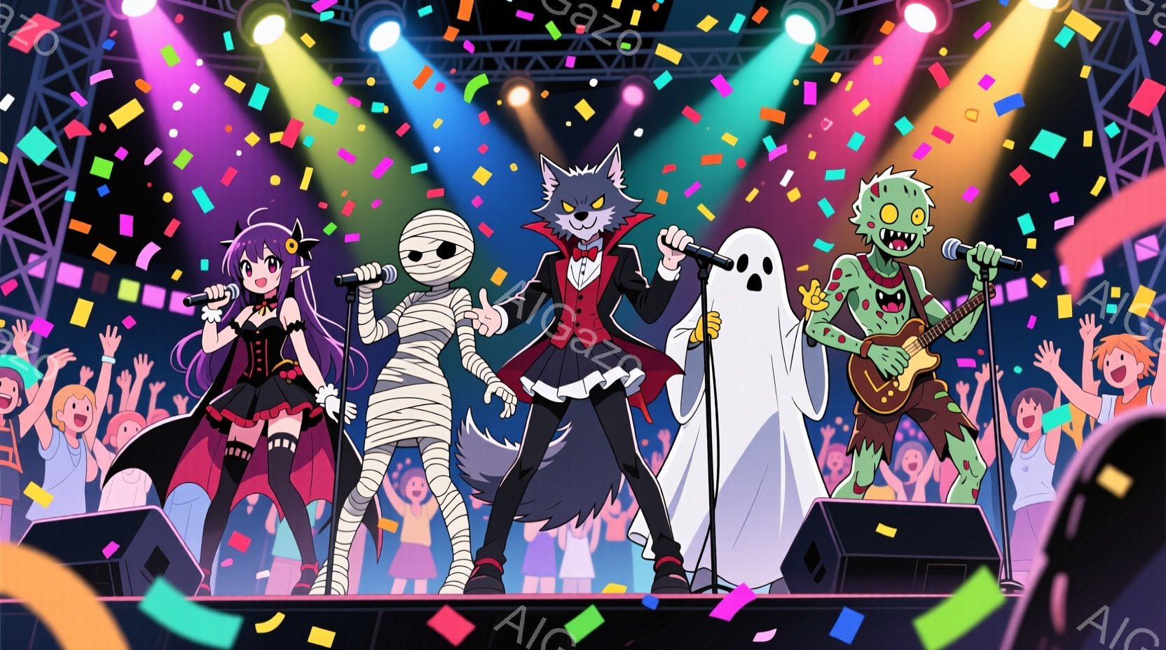 ハロウィーンの衣装を着たキャラクターたちがステージで演奏している様子が描かれています。左から、赤いドレスに黒い翼と角を持つ女性、ミイラの衣装を着たキャラクター、吸血鬼風の男性、幽霊、そしてギターを弾くゾンビがいます。背景には歓声を上げる観客とカラフルな紙吹雪が舞い、活気あふれるコンサートの雰囲気が表現されています。