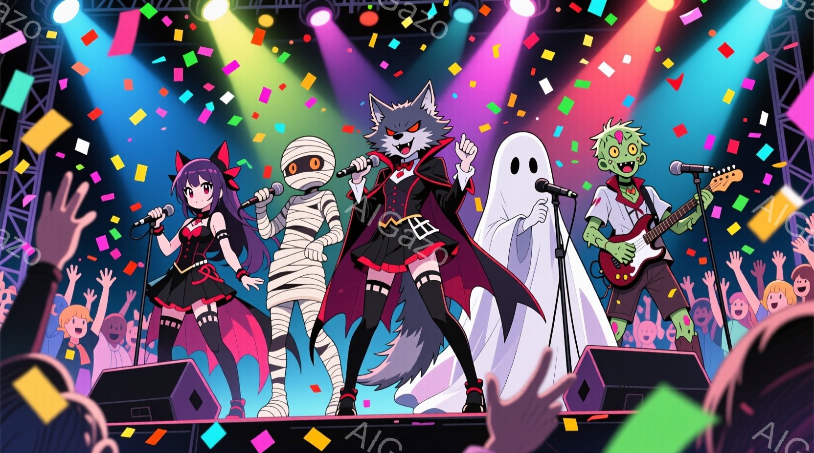 舞台上で、吸血鬼、ミイラ、幽霊、ゾンビのバンドが演奏しています。各キャラクターはハロウィン風の衣装を身に着け、吸血鬼は黒いスーツ、ミイラは包帯、幽霊は白い布、ゾンビは破れた服を着ています。背景には観客のシルエットと、カラフルな紙吹雪が舞い上がっています。