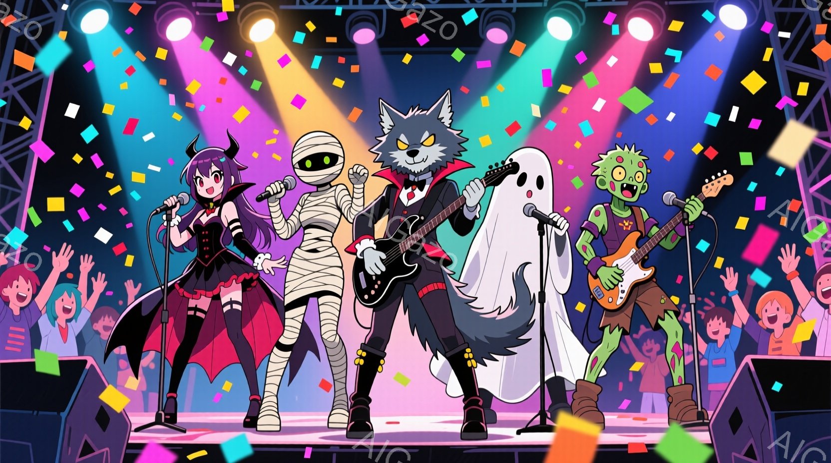 ハロウィーンをテーマにしたバンドがステージで演奏している様子が描かれています。バンドメンバーは、赤いドレスを着た角のある女性、ミイラの包帯で覆われた男性、ギターを弾く狼男、そしてマイクを持つ幽霊とゾンビで構成されており、それぞれ異なる衣装と表情でパフォーマンスを楽しんでいます。背景には観客のシルエットと、カラフルな紙吹雪が舞い散るステージのライトがあり、賑やかで楽しい雰囲気を醸し出しています。
