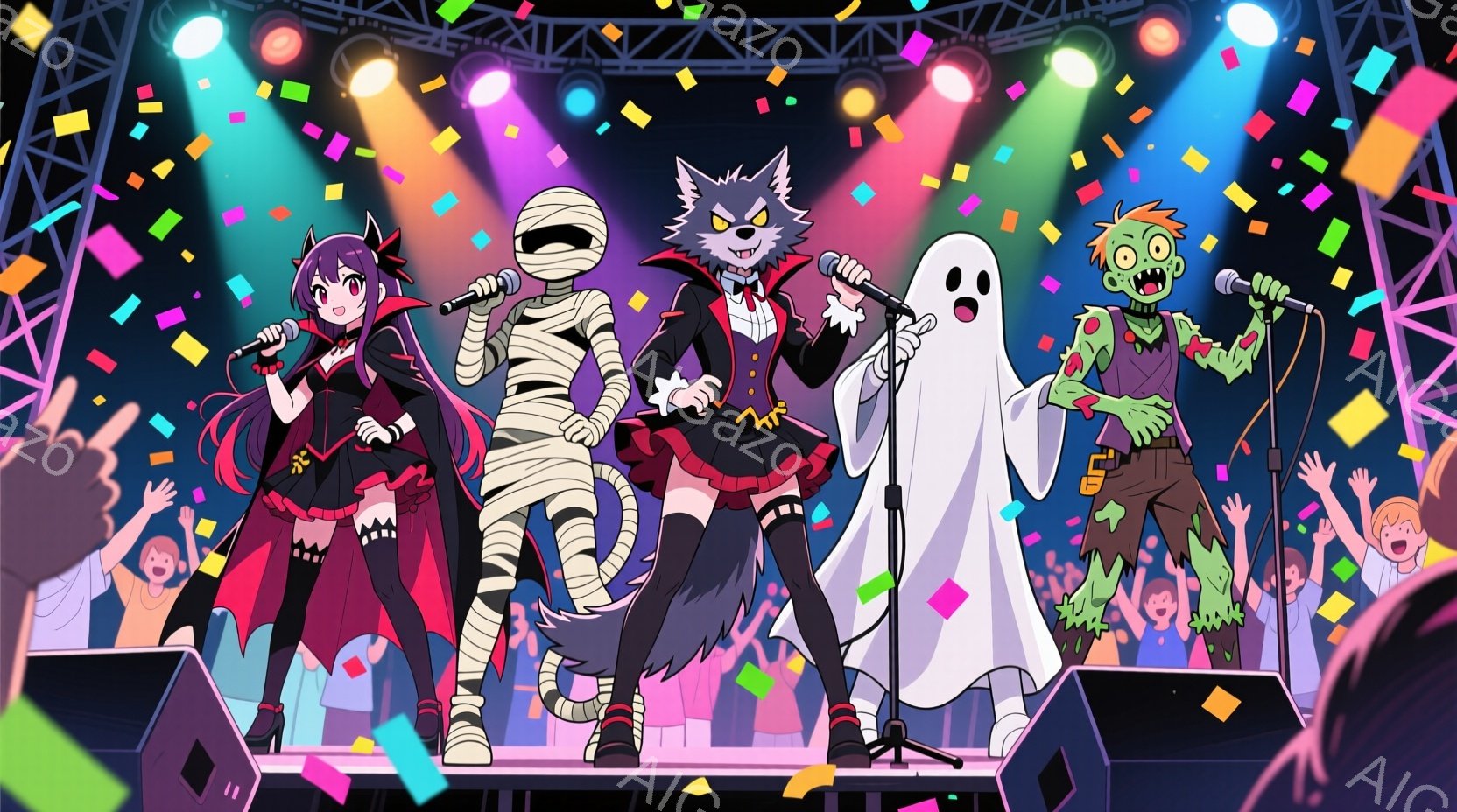 ハロウィーンをテーマにしたステージ上のキャラクターたちが描かれています。赤い髪と黒い衣装を着た少女、ミイラ、狼男、幽霊、ゾンビがマイクを持って歌っている様子で、観客席には楽しそうに手を挙げている人影が - AI生成フリー素材