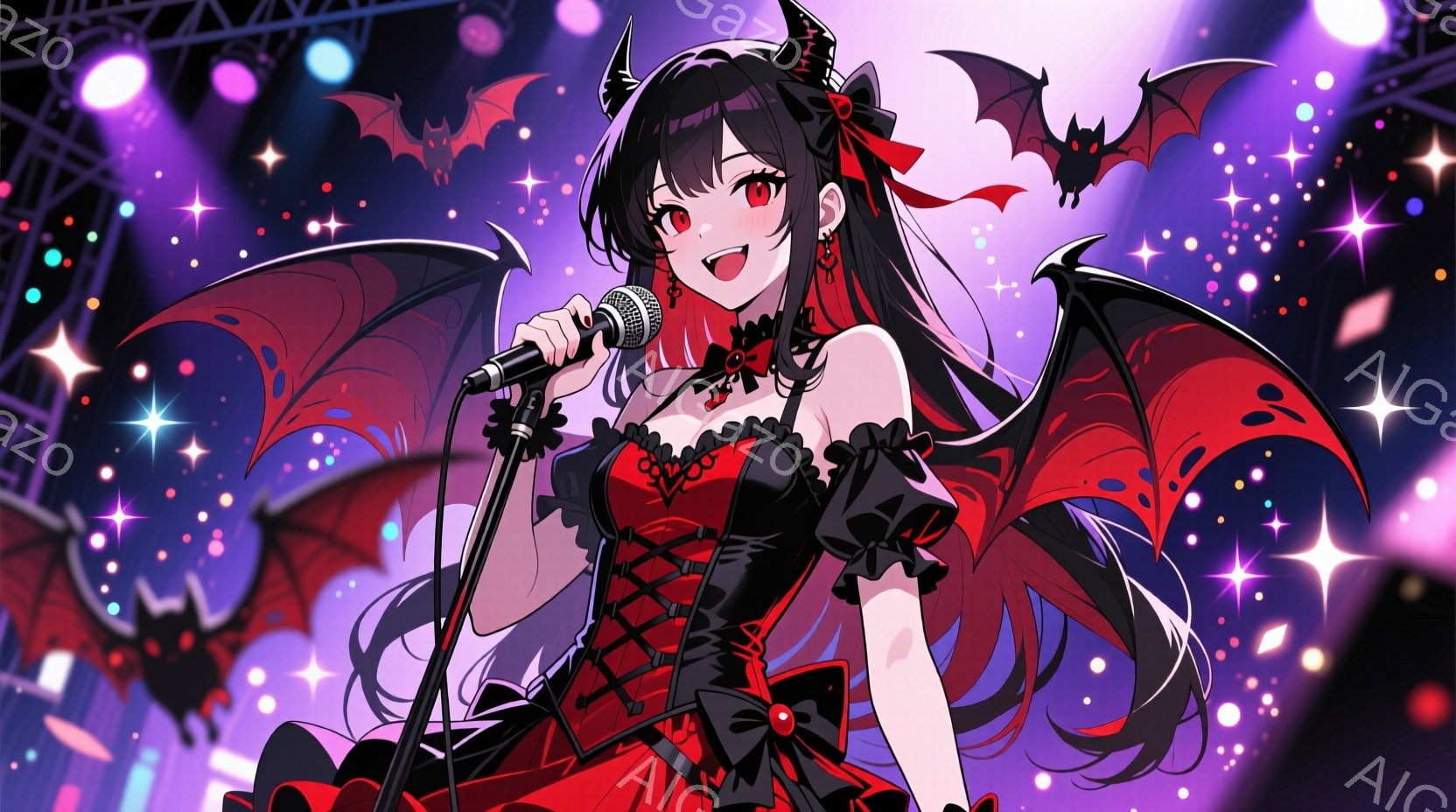 黒髪の少女が、赤いコルセット風のドレスと黒いレースのオーバーレイを着て、マイクを持って歌っている。彼女は片手をマイクに当て、もう片手を軽く上げ、自信に満ちた表情でステージに立っている。背景には、きらめ - AI生成フリー素材