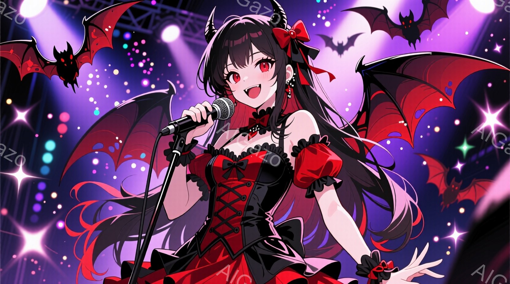 長い黒髪に赤いリボンをつけた少女が、黒と赤のコルセット風ドレスを着てマイクを持って歌っている。彼女は少し口を開け、楽しそうな表情で、片手を上げてポーズをとっている。背景には紫色の光と星、そしてコウモリが舞っており、コンサート会場のような華やかで幻想的な雰囲気を醸し出している。