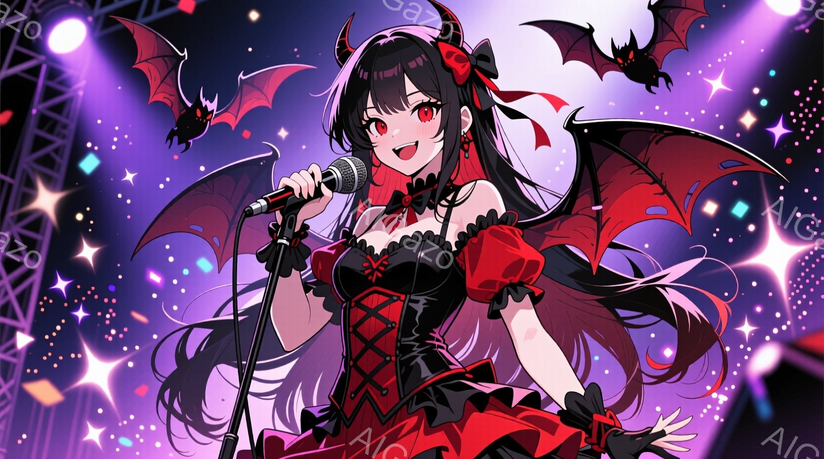 長い黒髪に赤いリボンをつけた少女が、黒と赤のゴシック風のドレスを着てマイクに向かって歌っている。彼女は片足を前に出し、自信に満ちた表情で、舞台中央でパフォーマンスをしているように見える。背景には、輝く - AI生成フリー素材