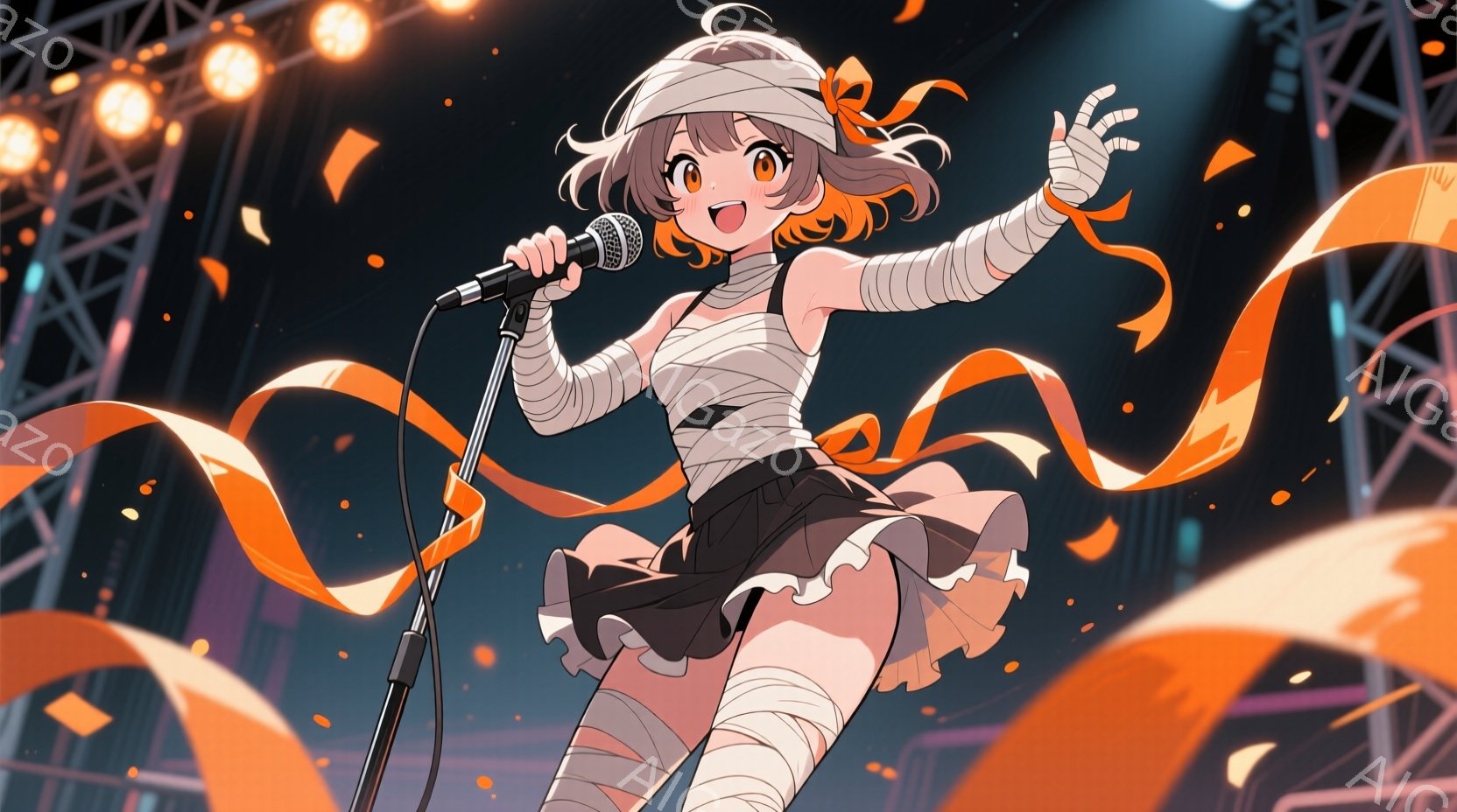 金髪と茶髪が混ざったウェーブヘアにオレンジのリボンをつけた少女が、マイクを手にステージ上で歌っている。彼女は包帯のような装飾で腕や脚を覆っており、黒と白のフリルミニスカートを着用している。背景には、ス - AI生成フリー素材