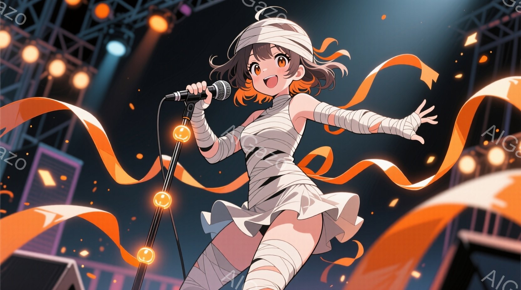 明るい茶色の髪をサイドポニーテールにした少女が、マイクを持ってステージで歌っている。彼女は白い包帯で身体を覆っており、足元は白いフリルスカートとサンダルを履いている。背景には、オレンジ色の光とリボン、そしてステージの照明機材が見え、ハロウィーンのライブパフォーマンスのような華やかで楽しい雰囲気が漂っている。