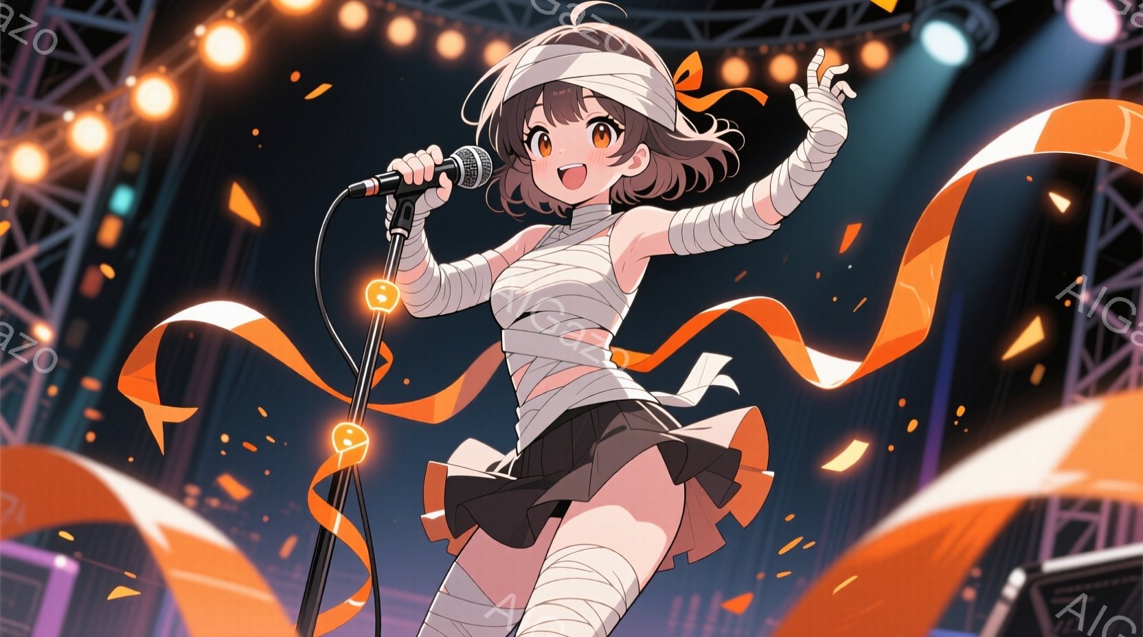 明るい茶色の髪の少女が、ミイラのような包帯で腕や脚を覆い、黒いスカートとトップスを着ています。彼女はマイクを握り、片足を上げて、ステージで歌っているようなポーズをとっています。背景には、コンサート会場のようなステージセットと、オレンジ色のリボンや光が舞っている様子が見え、活気に満ちたお祭り騒ぎのような雰囲気です。