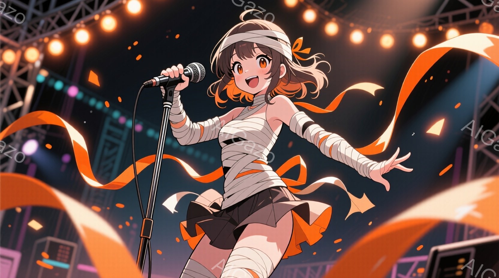 明るいオレンジ色の髪と茶色の瞳を持つ若い女性が、ステージ上でマイクロフォンを持って歌っている。彼女はミイラの包帯のようなものを腕や脚に巻き、黒いスカートと白いタンクトップを着ている。背景にはステージの - AI生成フリー素材