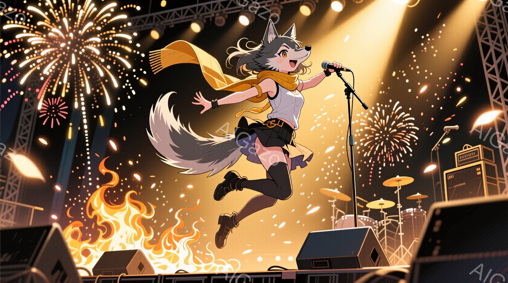 灰色の毛並みを持つ、狼のようなキャラクターがステージ上で歌っている。彼女は白いタンクトップに黒いミニスカート、そしてオレンジ色のスカーフを身につけ、片足で高くジャンプしている。背景には、スピーカーやド - AI生成フリー素材