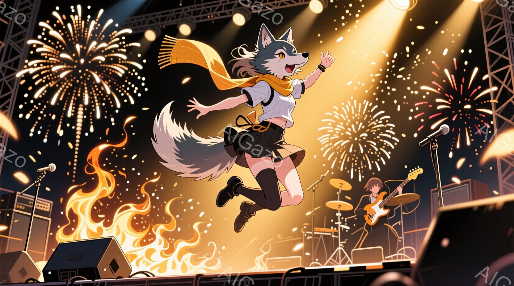 灰色の毛並みを持つ人狼のキャラクターが、ステージ上で高くジャンプしている。黒いスカート、白いシャツ、オレンジ色のスカーフを身に着け、片手を上げて躍動感のあるポーズをとっている。背景には、建物と花火が描かれ、ステージにはギタリストが演奏している姿が見え、ライブの熱狂的な雰囲気が表現されている。