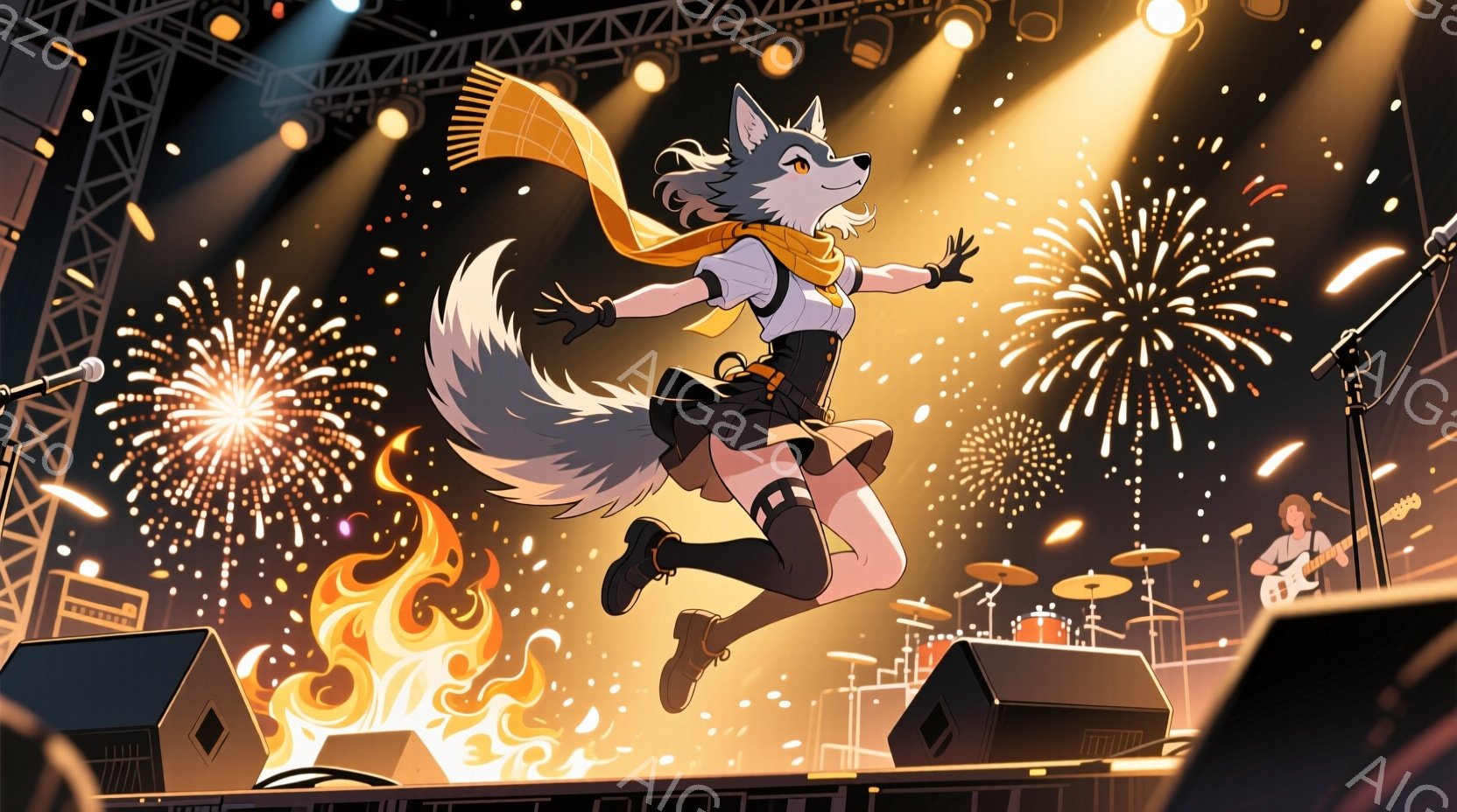 舞台上でジャンプしている狼のキャラクターが描かれています。黒いキャミソールにスカート、太もも丈の靴下とブーツを履き、オレンジ色のスカーフを首に巻いています。背景には花火とステージの照明、楽器のセット、そして演奏している人物がぼんやりと見え、熱狂的なライブの雰囲気が漂っています。