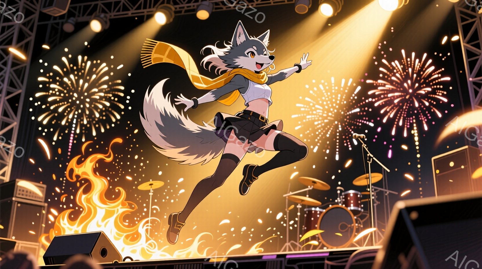 灰色の毛並みを持つ、獣のような女性がステージ上でジャンプしている。彼女は白い長袖シャツと黒いミニスカート、そしてオレンジ色のスカーフを身に着けており、黒いブーツを履いている。背景には花火が打ち上げられ、コンサートのステージセットが広がっており、熱狂的な雰囲気を感じさせる。