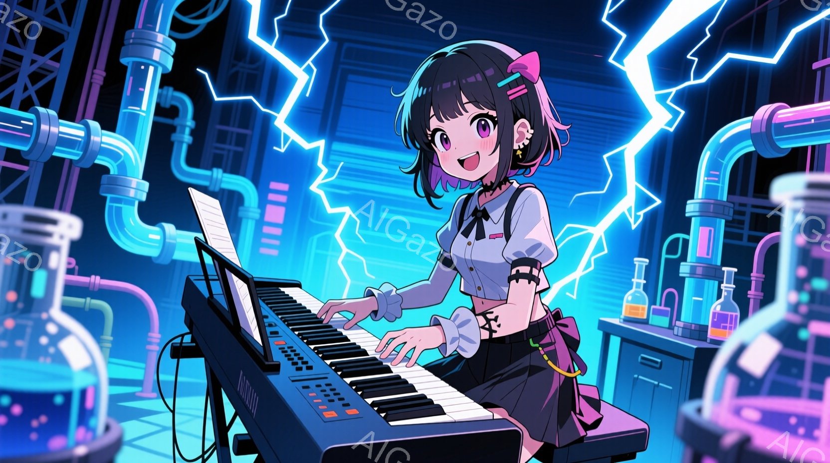黒髪でピンクのリボンをつけた少女が、実験装置に囲まれた部屋でキーボードを演奏しています。彼女は白いシャツに黒いスカート、そして片方の肩を露出したデザインの衣装を着ており、真剣な表情で演奏に集中しています。背景には複雑な配管や試験管が並び、青い稲妻が光り、近未来的な実験室の雰囲気を醸し出しています。
