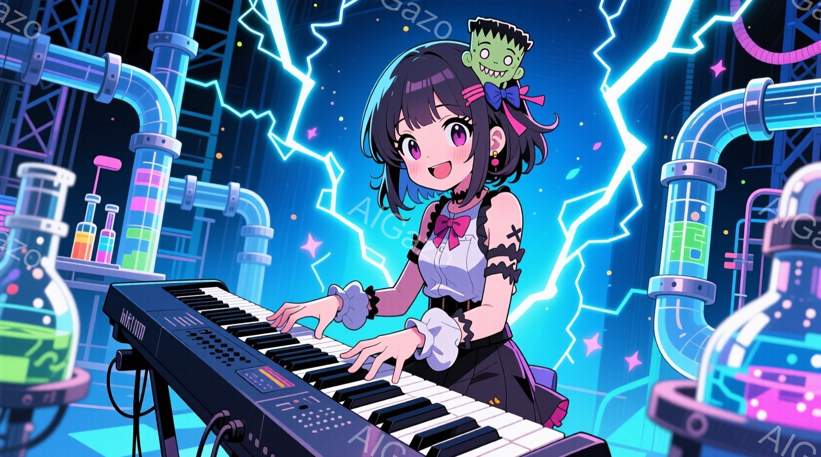 少女はキーボードを弾いており、フリルとリボンが特徴的な白いブラウスと黒いスカートを身に着けています。彼女は明るい笑顔を見せており、髪は短く、茶色で、前髪が特徴的です。背景には試験管や複雑な配管が配置さ - AI生成フリー素材