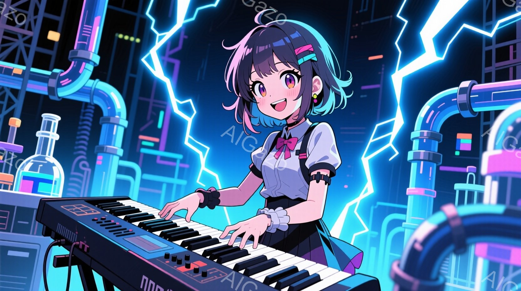 青緑色の髪を短くカットした若い女性が、未来的なキーボードを弾いている様子を描いています。彼女は黒いワンピース風の制服に、白いフリルがついた袖と赤いリボンをつけており、楽しそうな表情でキーボードに向かっ - AI生成フリー素材