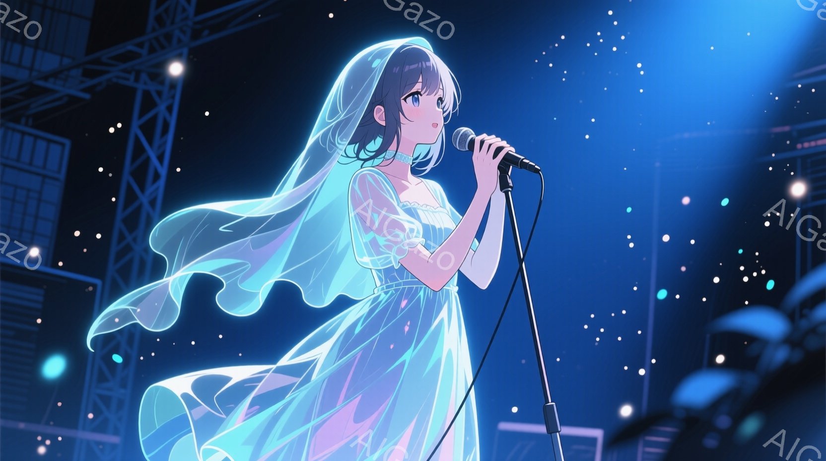 長い黒髪の女性が、淡い青と紫のグラデーションのかかったドレスとベールを身につけ、ステージで歌っている。彼女はマイクに向かって少し上目遣いで歌っており、表情は真剣で集中している。背景には、ぼやけた構造物 - AI生成フリー素材