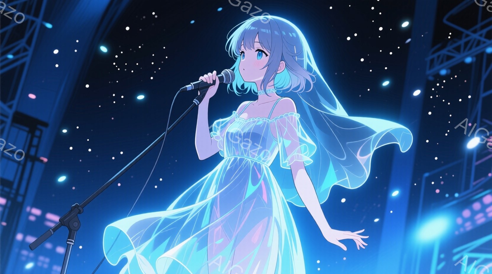 青い髪の女性がマイクを持って歌っている様子が描かれています。彼女は、透き通るような白いワンピースを着ており、風になびくように裾が広がっています。背景には、ぼやけた光のストライプと、コンサート会場のよう - AI生成フリー素材