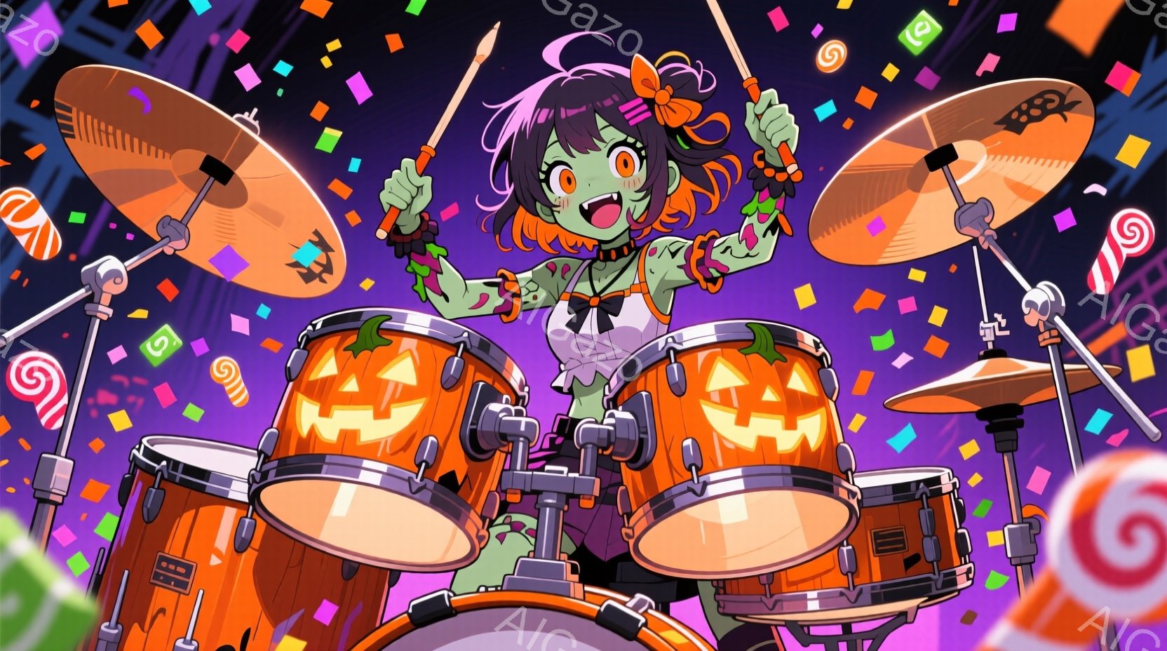 緑色の肌をした若い女性が、ハロウィーンのテーマのドラムセットを力強く叩いています。彼女はオレンジと黒の縞模様のリボンで結ばれた緑色の髪、大きな目、そして楽しそうな笑顔をしています。背景にはカラフルな紙 - AI生成フリー素材