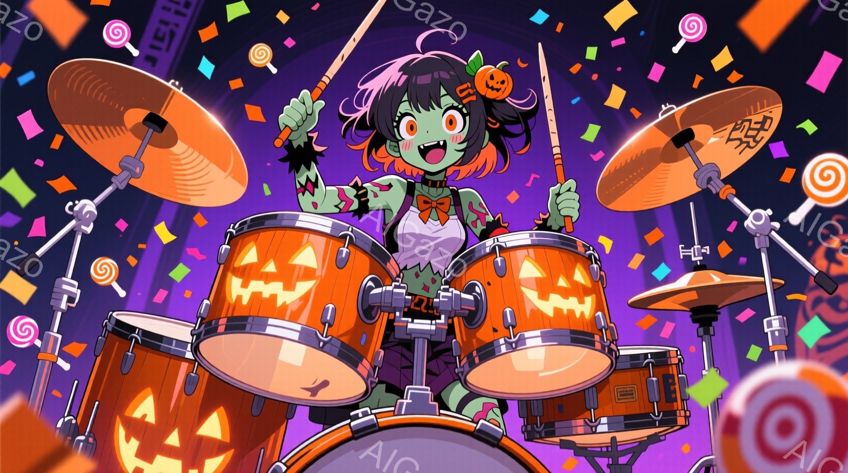 鮮やかなオレンジ色の背景に、緑色の肌をした若い女性がドラムセットを演奏している。彼女は、ハロウィーンを連想させるオレンジ色のリボンとカボチャの帽子を身につけ、活気に満ちた表情でドラムスティックを振るっ - AI生成フリー素材