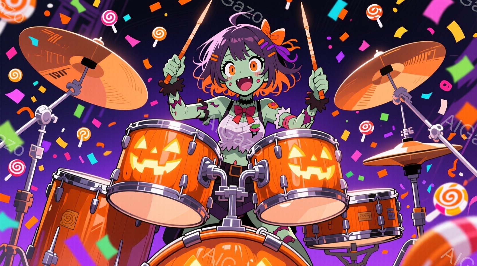 明るい緑色の肌をした少女が、ハロウィーンをテーマにしたドラムセットを演奏している。彼女は紫色の髪をポニーテールにし、オレンジ色のリボンで飾っており、笑顔で目を輝かせている。背景には、お菓子や紙吹雪が舞 - AI生成フリー素材