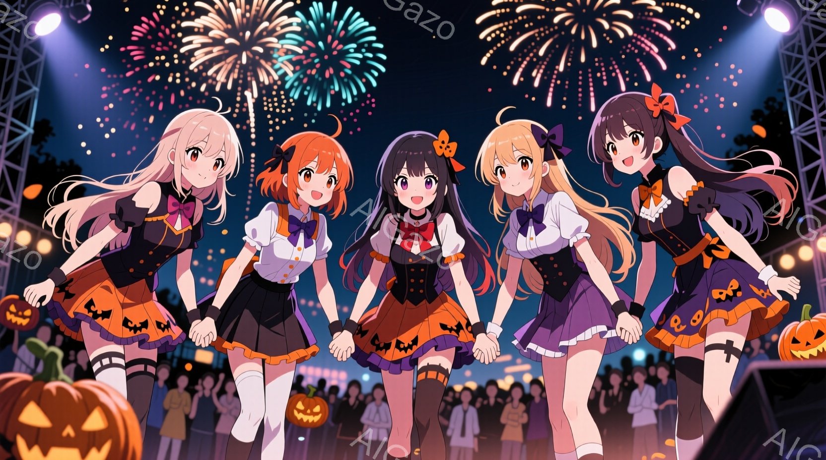 ハロウィーンの衣装を着た5人の女の子が、手をつないで踊っている様子が描かれています。彼女たちは黒と紫を基調としたフリル付きのドレスを身に着け、それぞれ異なる色のリボンと髪飾りをつけています。背景には、たくさんの観客、ハロウィーンの飾り付け（カボチャのランタンなど）、そして夜空に咲く花火があり、お祭り騒ぎの賑やかな雰囲気を醸し出しています。