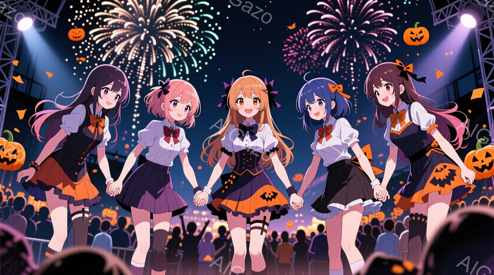 舞台上には、ハロウィーン風の衣装を着た5人の少女たちが手をつないで立っています。少女たちはそれぞれ黒とオレンジを基調とした、フリルやリボンが付いたスカートと、白いシャツに黒いリボンを付けた服装をしてお - AI生成フリー素材