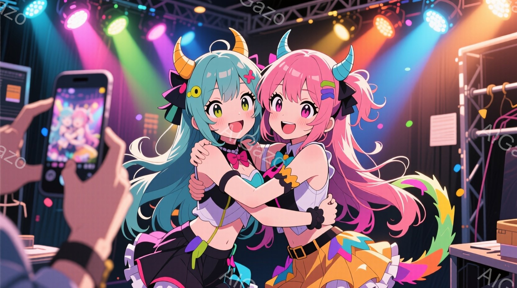 鮮やかなピンクとターコイズブルーの髪を持つ二人の若い女性が、互いに抱き合って笑顔を浮かべています。彼女たちは、黒を基調としたフリルやリボン、そして特徴的な角を付けた衣装を身に着けており、まるでステージパフォーマンスの後なのか、イベントの最中なのでしょうか。背景にはステージセットのようなものがぼやけて見え、カラフルな照明が彼女たちを照らし出しています。