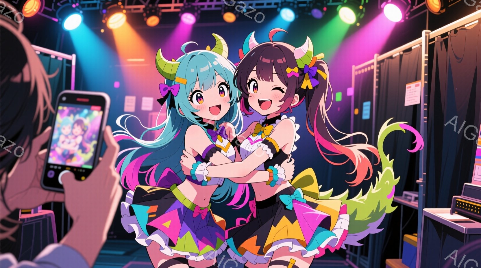 二人の若い女性が抱き合って笑顔を浮かべている。彼女たちは鮮やかな色使いのファンタジー風の衣装を着ており、頭には角のような飾りをつけている。背景にはステージのような場所で、機材や黒いカーテンが見え、明る - AI生成フリー素材