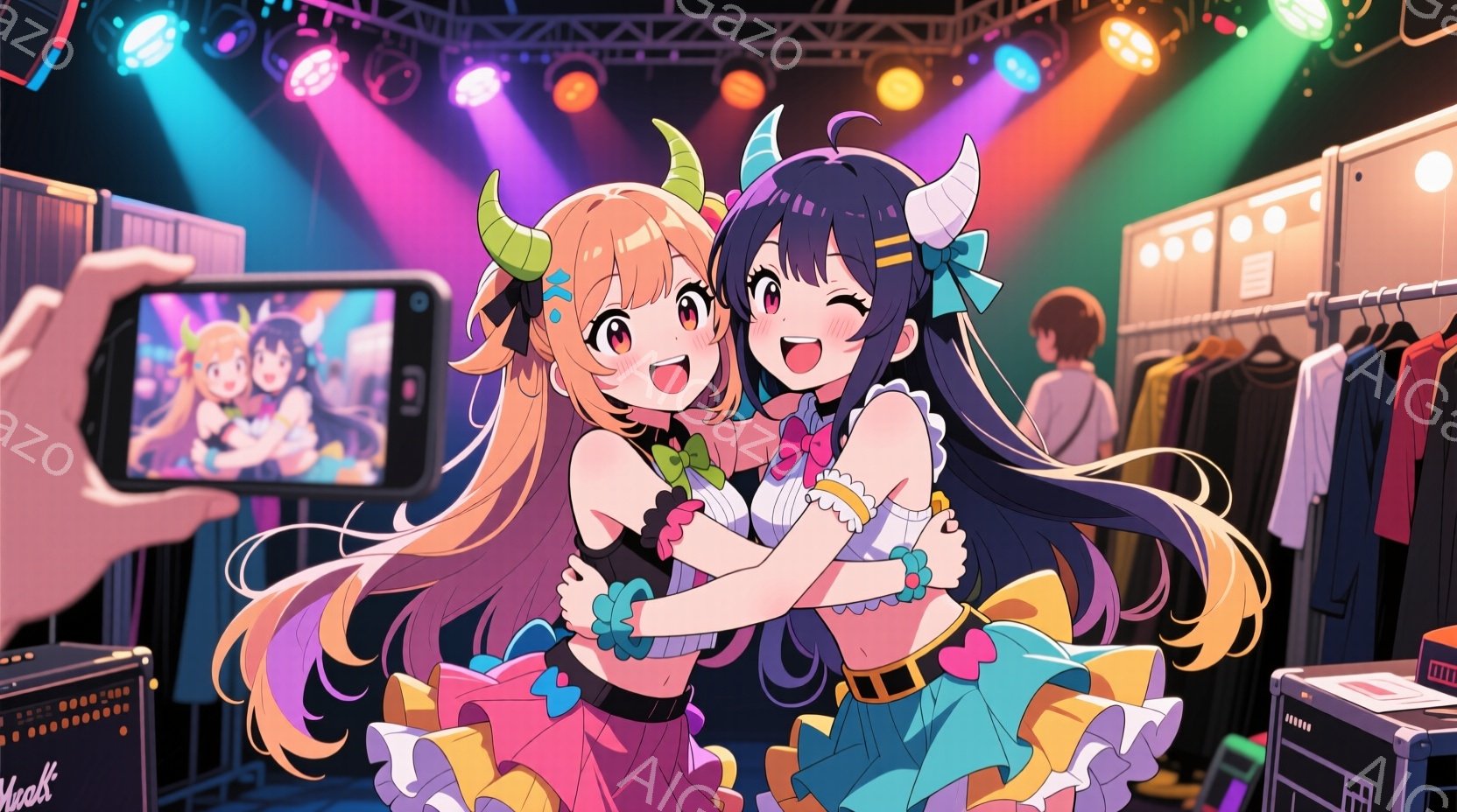 2人の若い女性が抱き合って笑顔でポーズをとっています。彼女たちはカラフルでファンシーな衣装を着ており、髪型も個性的で、片方は明るい金髪のツインテール、もう片方は黒髪と紫のグラデーションのロングヘアです。背景はステージのバックステージのようで、機材や衣装ラックが並び、照明が照らされています。