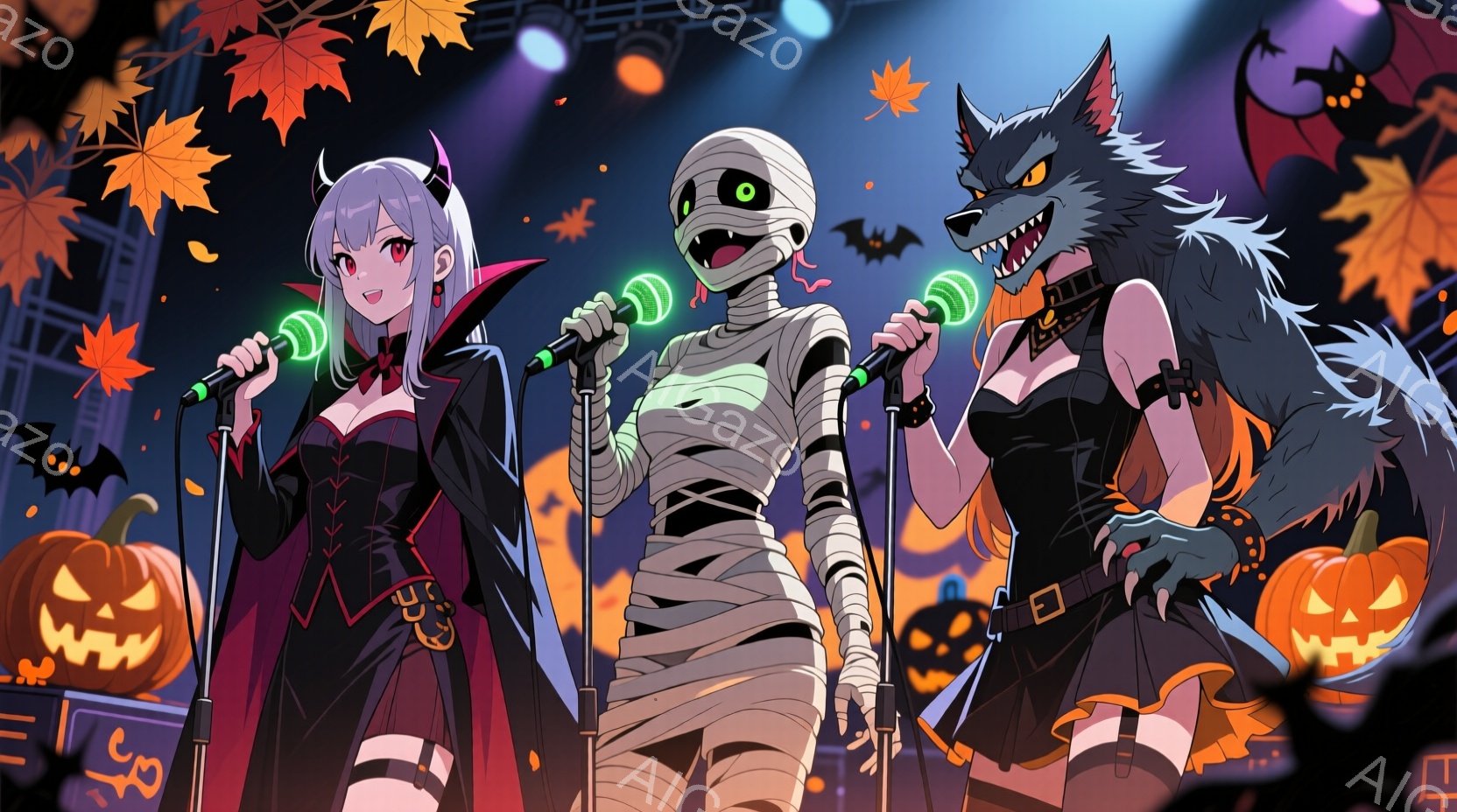 ハロウィーンをテーマにしたイラストで、ミイラ、ヴァンパイア、狼男の3人がステージでマイクを持って歌っている様子が描かれています。ヴァンパイアは黒いドレスに赤いマントを羽織り、角と長い髪が特徴的です。背 - AI生成フリー素材