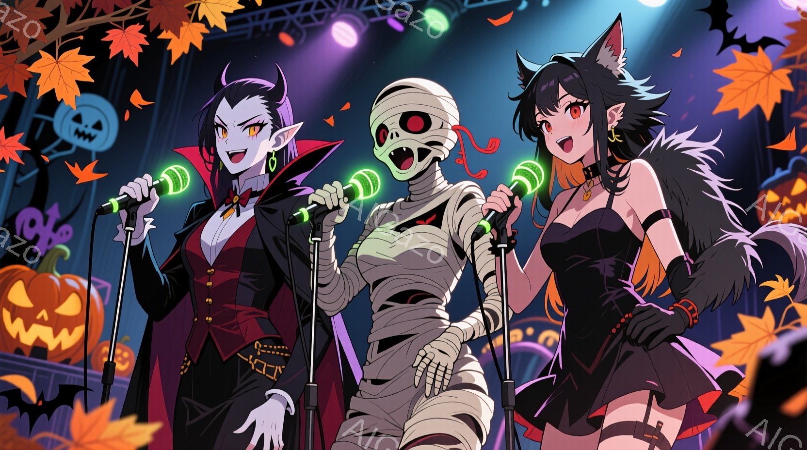ハロウィーンをテーマにしたイラストで、吸血鬼、ミイラ、狼女の3人がステージ上でマイクを持って歌っている様子が描かれています。吸血鬼は赤いドレスと黒いケープ、ミイラは全身を包帯で覆い、狼女はファー付きの - AI生成フリー素材