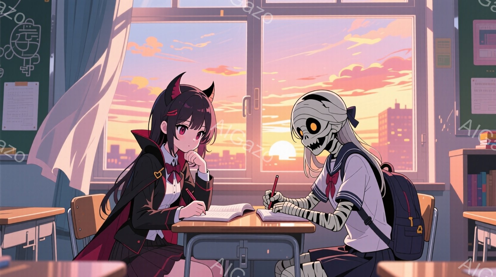 教室の中で、黒髪で赤い髪飾りをつけた少女と、骸骨の姿をした生徒が机に向かい合って勉強している様子が描かれています。少女はセーラー服に黒いジャケットを羽織り、真剣な表情でノートに書き込み、骸骨はセーラー - AI生成フリー素材