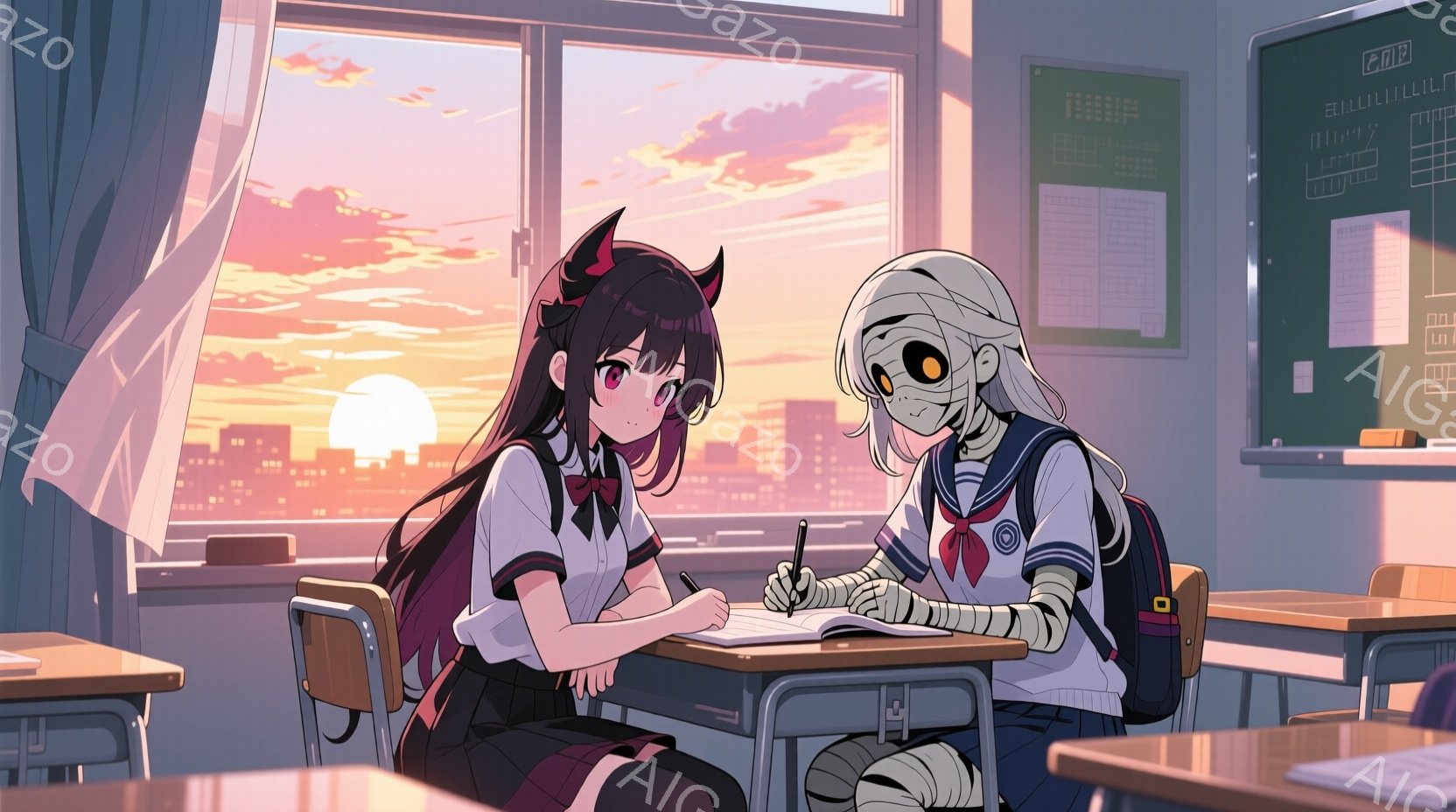 教室で、黒髪で赤い角を持つ少女が制服を着て、机に向かって何かを書き込んでいる。隣には包帯で覆われたミイラの姿をした人物が同じように勉強している。背景には夕焼けの街並みが広がり、暖かく、どこか幻想的な雰 - AI生成フリー素材