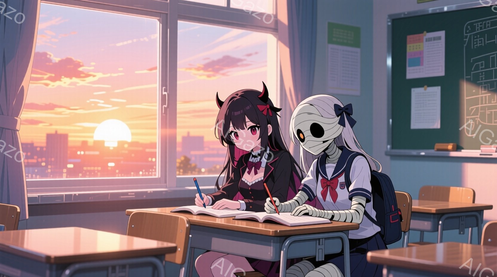 教室の窓から夕焼けが見える情景です。黒いワンピースと赤いリボンが特徴的な女の子が、机に向かって何かを書き込んでいます。隣には包帯で覆われた顔と体を持ち、セーラー服を着た人影が座っており、二人とも真剣な - AI生成フリー素材