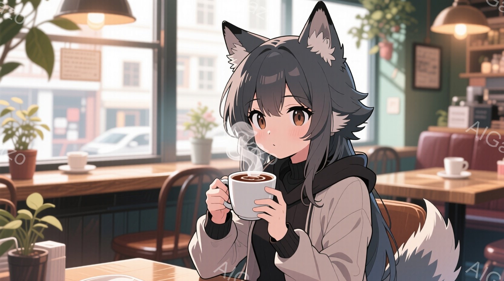 明るい髪に動物のような耳を持つ若い女性が、温かい飲み物を両手で抱えて座っています。彼女は黒いセーターと白いジャケットを着ており、リラックスした表情で少し微笑んでいます。背景には、窓の外の都市の風景と、カフェのテーブルと椅子、植物が見え、暖かく居心地の良い雰囲気が漂っています。