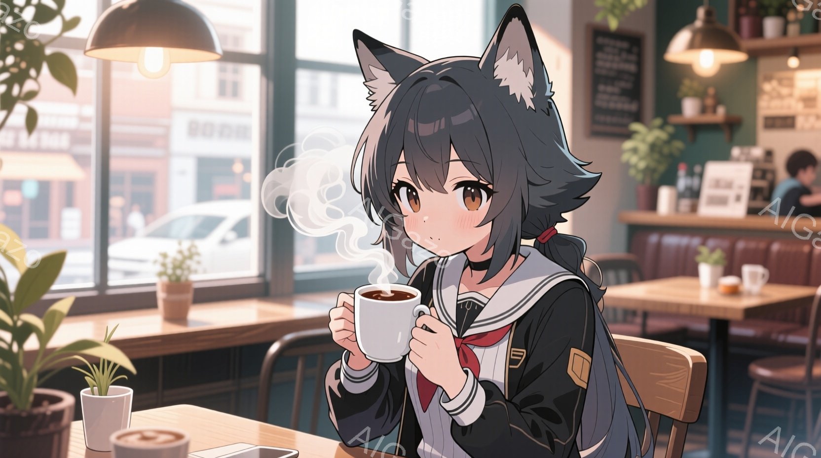 カフェのような場所でコーヒーを飲む若い女性を描いています。彼女は黒髪で、少しカールした髪型をしており、コーヒーカップを両手で抱え、温かい飲み物の蒸気を楽しんでいます。背景には、窓から見える街並みや植物 - AI生成フリー素材