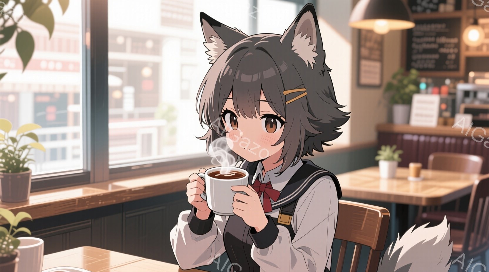 明るいカフェの窓際の席に座っている少女が描かれています。彼女は短い灰色の髪に耳のような飾りをつけ、白いシャツにネイビーのベストと赤いリボンを結んだ制服を着ています。温かい飲み物を両手で抱え、幸せそうに微笑んでいます。