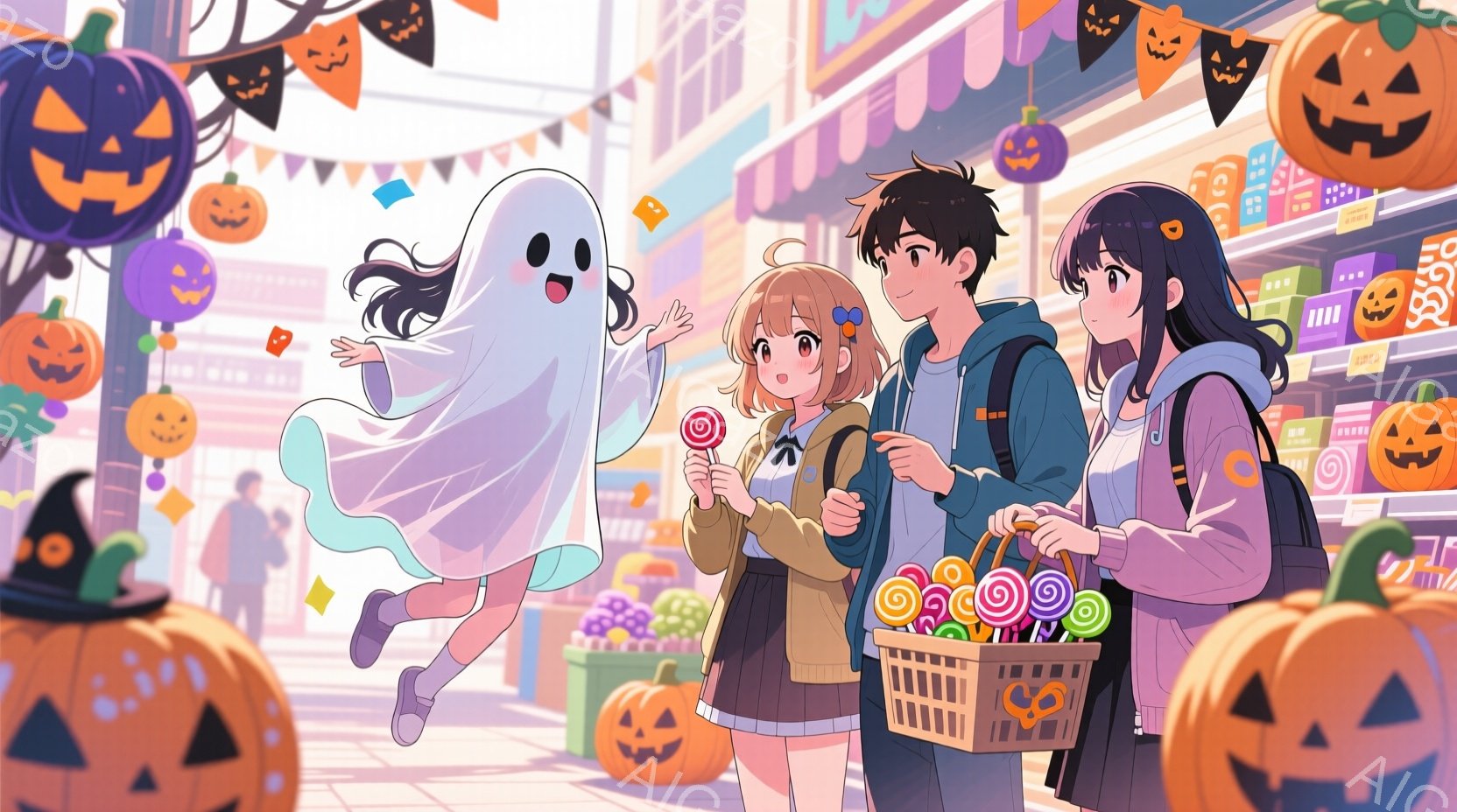 少女と少年は、ハロウィンの飾り付けがされた商店街を歩き、かごいっぱいのキャンディーを手にしている。少女は明るい茶色の髪をツインテールにし、赤いリボンをつけており、少年は黒髪で、背中にリュックサックを背負っている。背景には、たくさんのカボチャのランタンが飾られ、お祭り騒ぎの楽しい雰囲気が漂っている。