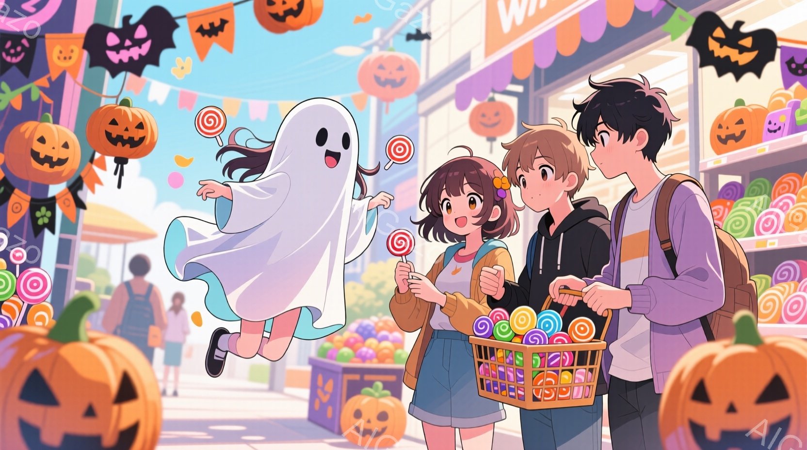 少女と少年がハロウィーンのキャンディーを選んでいる様子が描かれています。少女はオレンジ色の髪をツインテールにし、黄色のトップスとデニムのショートパンツを着ています。背景にはカボチャのランタンやカラフル - AI生成フリー素材