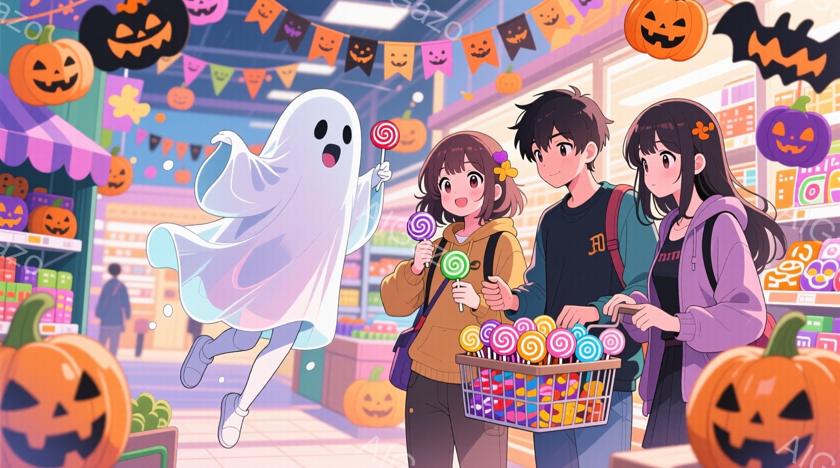 お菓子屋さんの前で、若い女性と男性、そして幽霊が描かれています。女性は茶色のヘアピンで飾られた茶髪のボブカットで、黄色いセーターとスカートを着ています。男性は黒いTシャツとズボンを着ており、女性の隣でお菓子が入ったカゴを見ています。