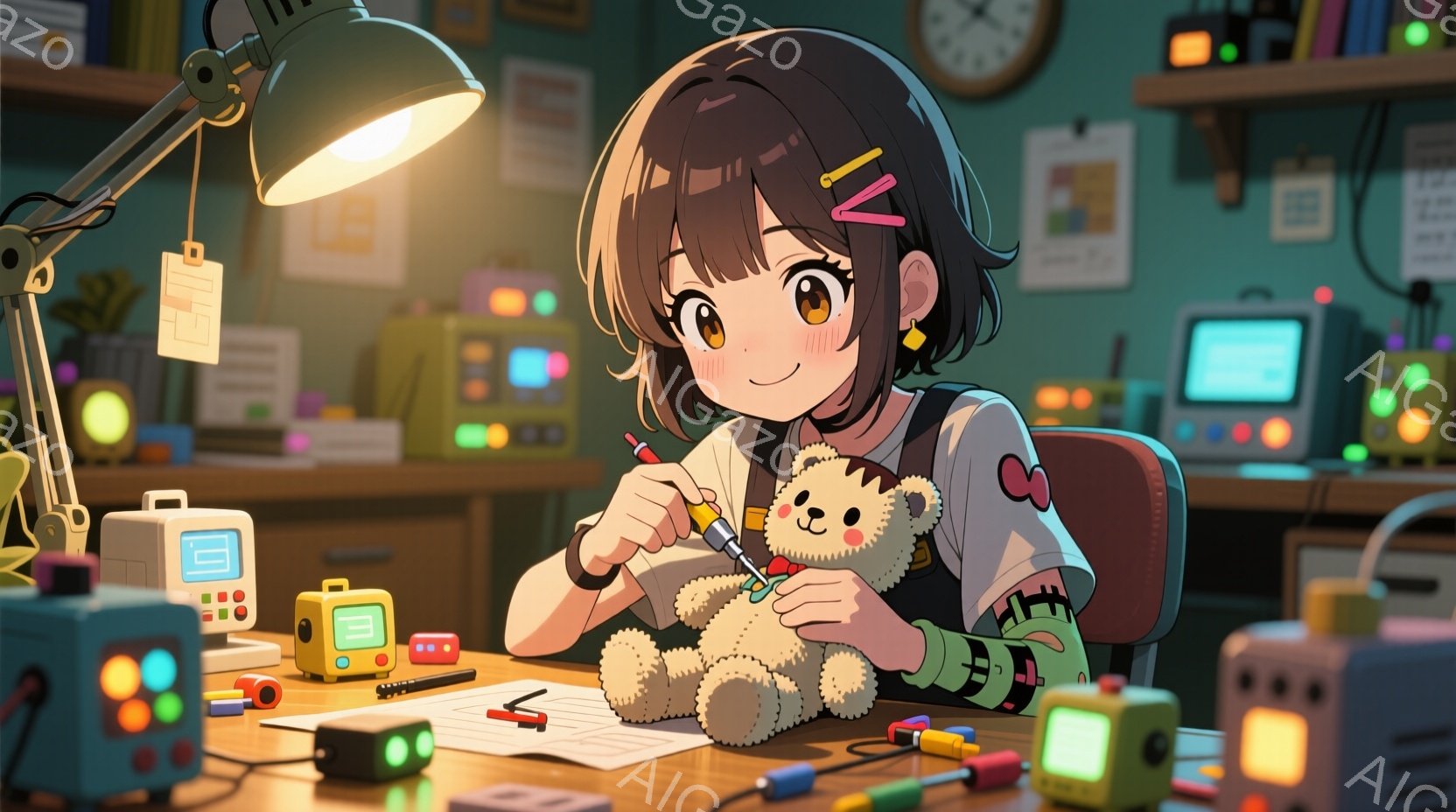 茶色の短い髪に赤いリボンをつけた少女が、クマのぬいぐるみを修理しています。彼女はオーバーオールと白いシャツを着ており、真剣な表情で小さなドライバーを使ってぬいぐるみに集中しています。背景には、電子機器や工具が並んだ作業台があり、温かく創造的な雰囲気が漂っています。