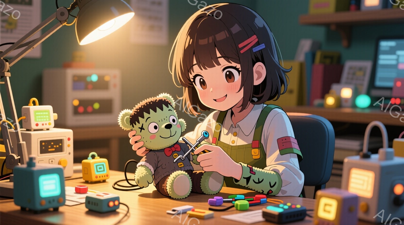 茶色のショートヘアに前髪を少しピンで留めた少女が、緑色のフランケンシュタインのテディベアを修理しています。彼女はオーバーオール風の服を着ており、集中した表情でテディベアの腕に何かを取り付けています。背景にはカラフルなブロックや電子機器が並び、作業台の上には道具が散らばっており、明るく創造的な雰囲気が漂っています。