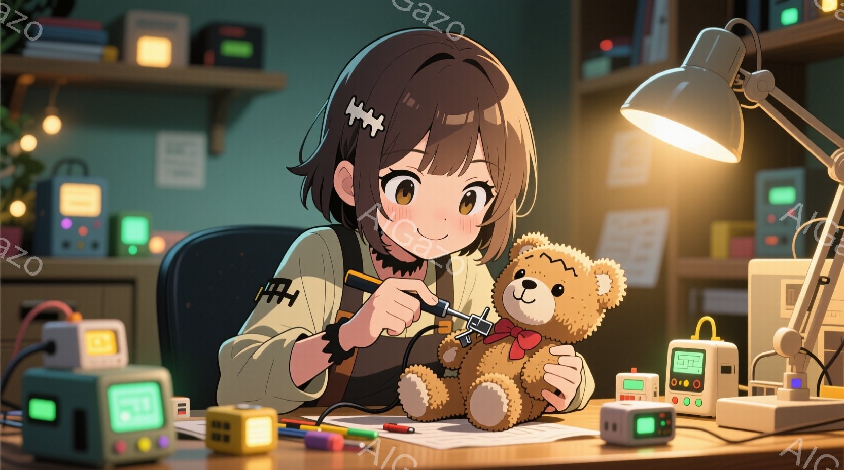 茶髪の少女が、テディベアを修理している様子が描かれています。彼女は薄緑色の作業着を着ており、髪には黒いヘアピンをつけています。背景には電子機器や工具が置かれた作業台があり、暖かく、集中した雰囲気が漂っています。