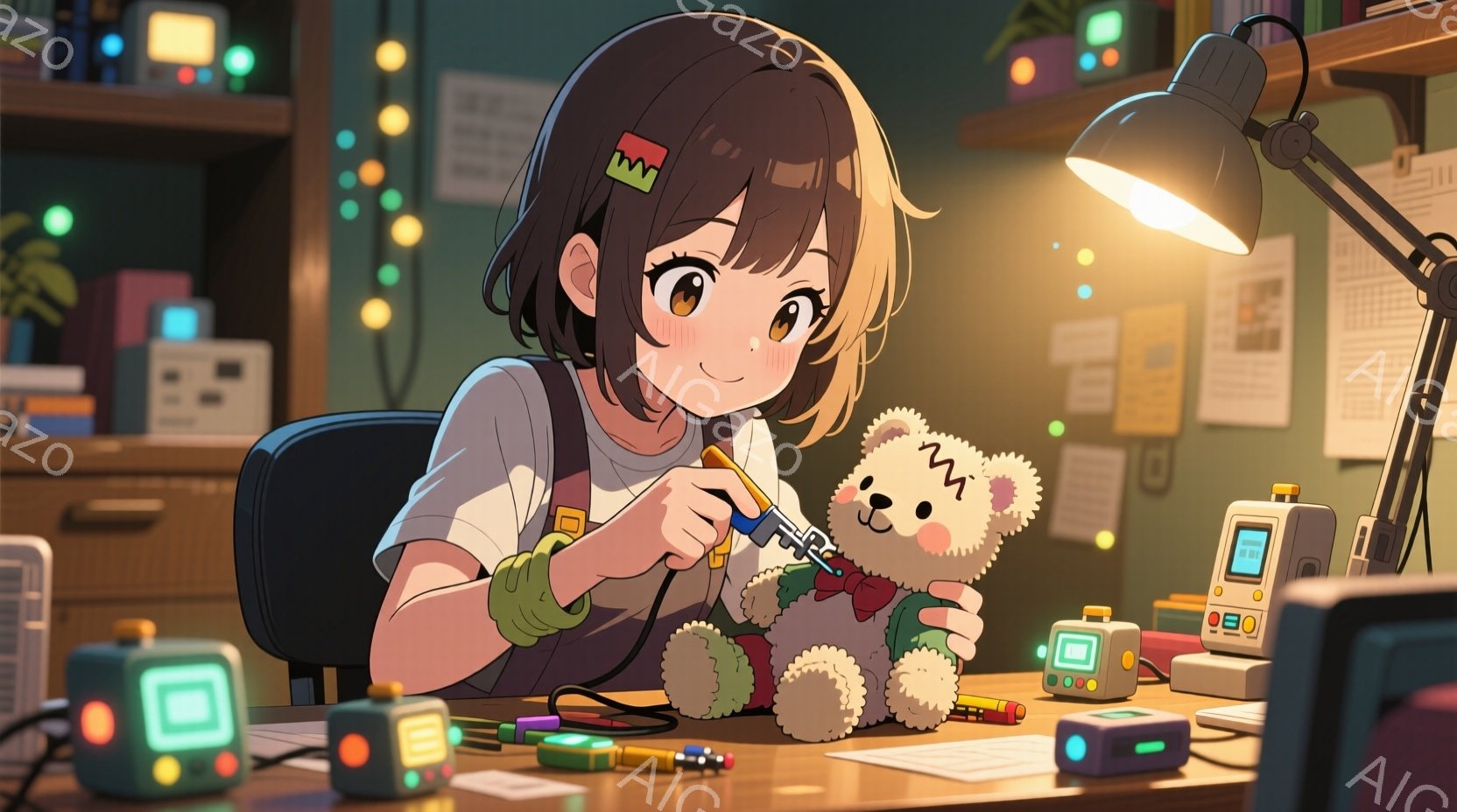 茶髪の少女が、ぬいぐるみ（テディベア）を修理している様子が描かれています。彼女はオーバーオールのような服を着ており、前髪にはカラフルなヘアピンをつけています。背景には電子部品や工具が散らばり、室内は温かみのある照明で照らされ、集中して作業に取り組む姿が印象的です。