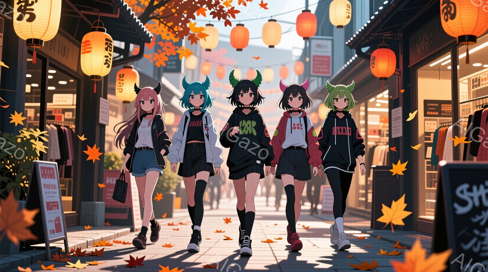街並みを四人の若い女性が歩いている様子が描かれています。彼女たちは皆、黒い角と特徴的な髪の色を持っており、それぞれ異なる色のヘアアクセサリーをつけています。背景には、提灯が並び、地面には落ち葉が散らば - AI生成フリー素材
