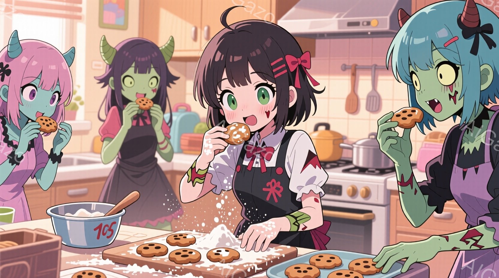 明るいキッチンで、３人の若い女性がクッキー作りに夢中です。中央の女性は黒髪のボブヘアで、エプロン姿でクッキーを頬張り、嬉しそうな表情をしています。左右の女性は緑色の肌と角を持ち、同様にエプロンを身につけ、クッキーを手に持っています。