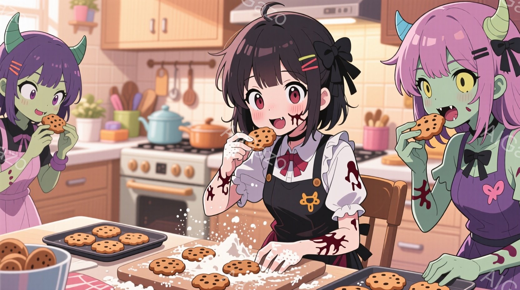 三人の若い女性がキッチンでクッキーを作っている様子が描かれています。それぞれ緑色とピンク色の髪に角があり、エプロン姿で、クッキーを手に楽しんでいる表情をしています。背景にはキッチン設備や調理器具が配置 - AI生成フリー素材