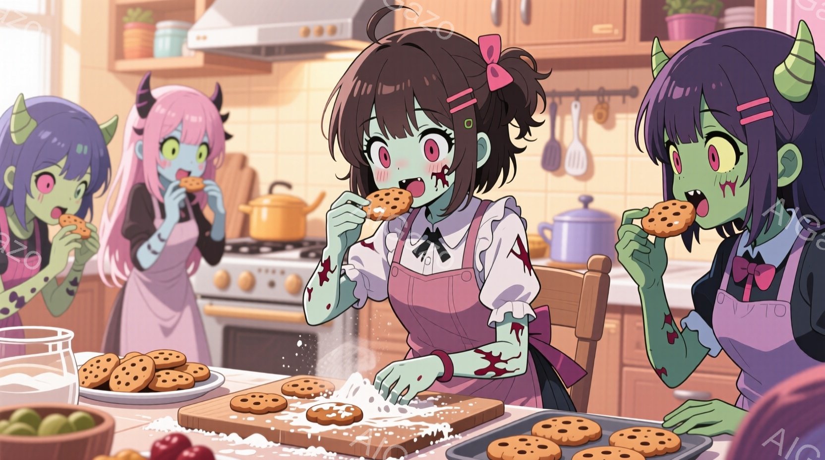 緑色の肌をした若い女性たちがクッキーを作っている様子が描かれています。彼女たちはエプロンとセーラー服を着ており、髪型はそれぞれ異なり、顔には楽しそうな表情を浮かべています。背景にはキッチンがあり、オー - AI生成フリー素材