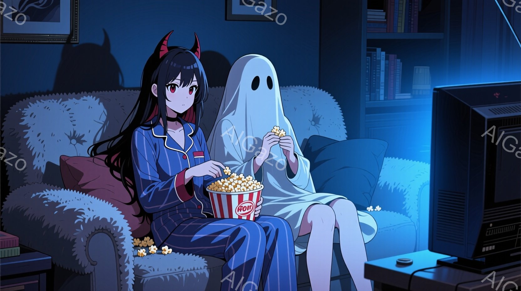 長い黒髪に赤い角を持つ少女が、縞模様のパジャマを着てソファに座り、ポップコーンの入ったバケツを持っている。隣には白い幽霊が座っており、膝の上に手を置き、二人ともテレビを見ているようだ。部屋は暗く、本棚が背景に見え、リラックスした夜の雰囲気を感じさせる。