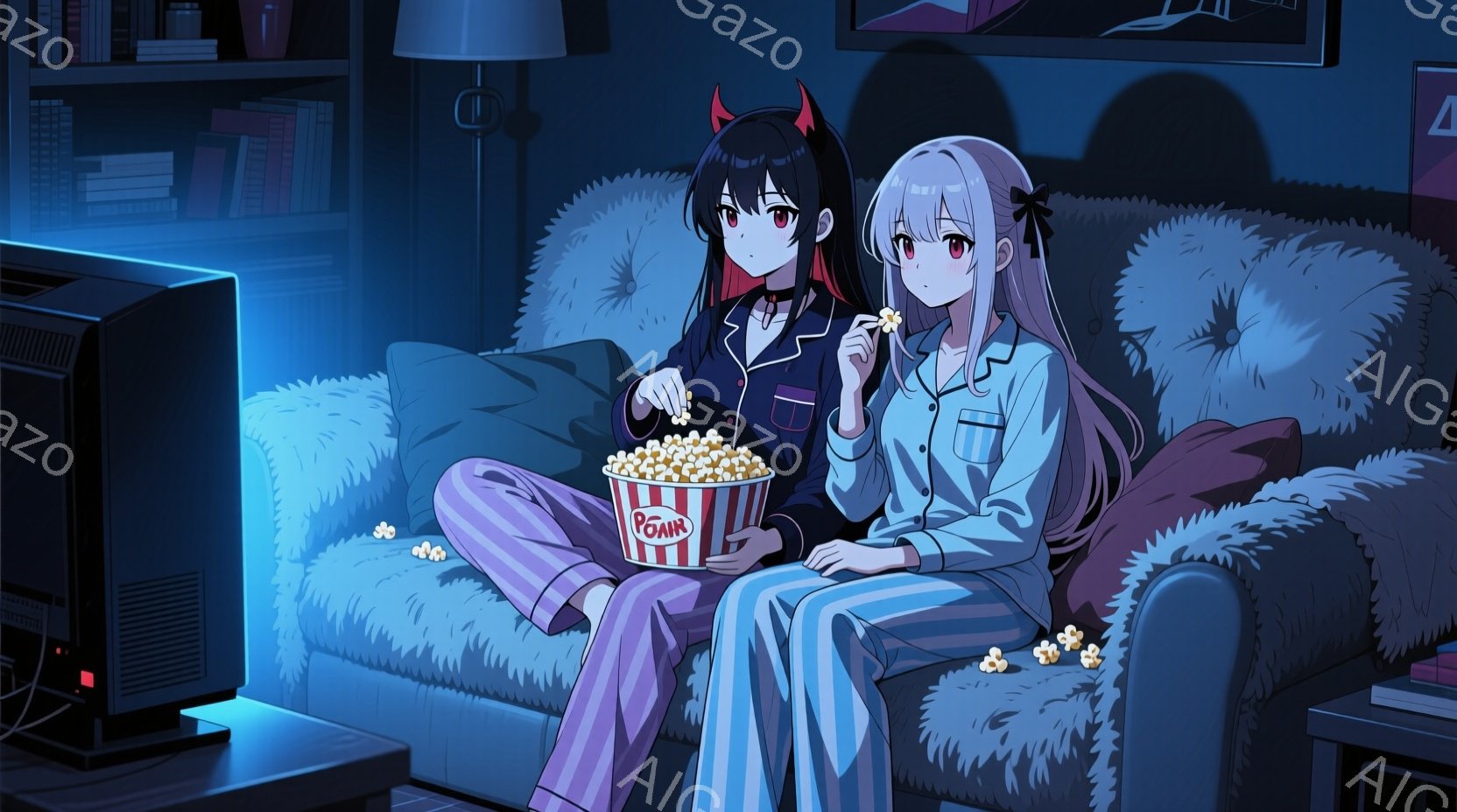 2人の若い女性がソファに座り、ポップコーンの入った容器を手にしている。片方の女性は黒髪で、赤い角のような髪飾りをつけており、もう一人はブロンドの髪を三つ編みにしている。背景にはテレビと本棚が見え、室内は薄暗く、リラックスした雰囲気である。