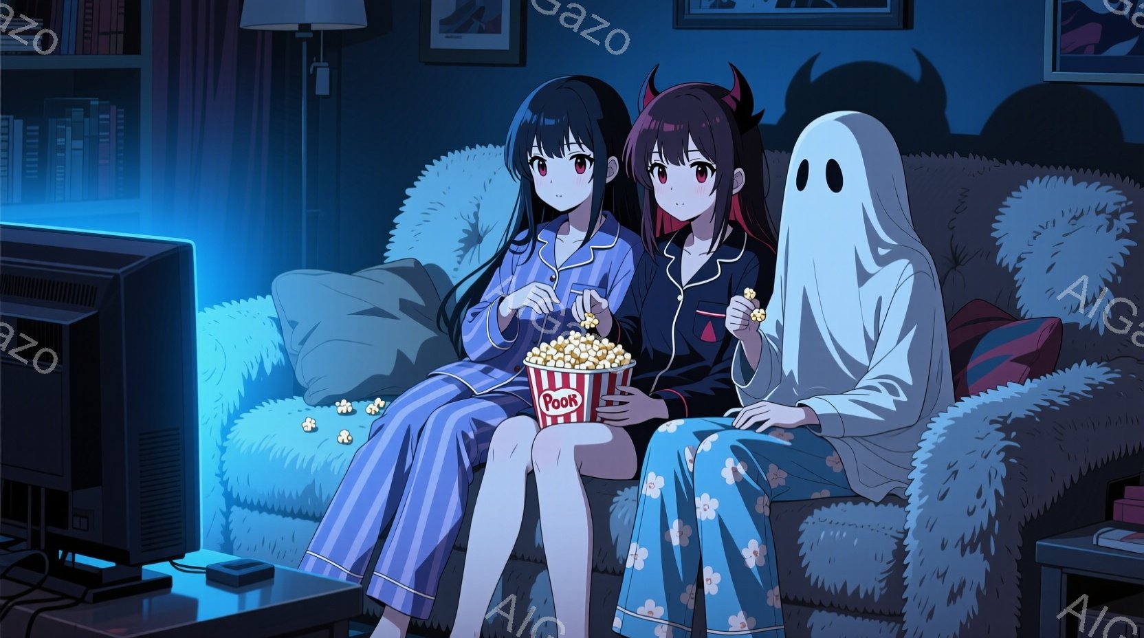 少女は花柄のパジャマを着て、テレビの前に座り、ポップコーンを手に持っています。隣には幽霊のような白い姿のキャラクターが寄り添い、同じようにポップコーンを食べています。リビングルームは暗く、テレビの光で照らされ、リラックスした雰囲気です。